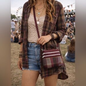 Earth Squared Mini Plaid Crossbody Bag Boho Festival Burgundy Tweed NWT